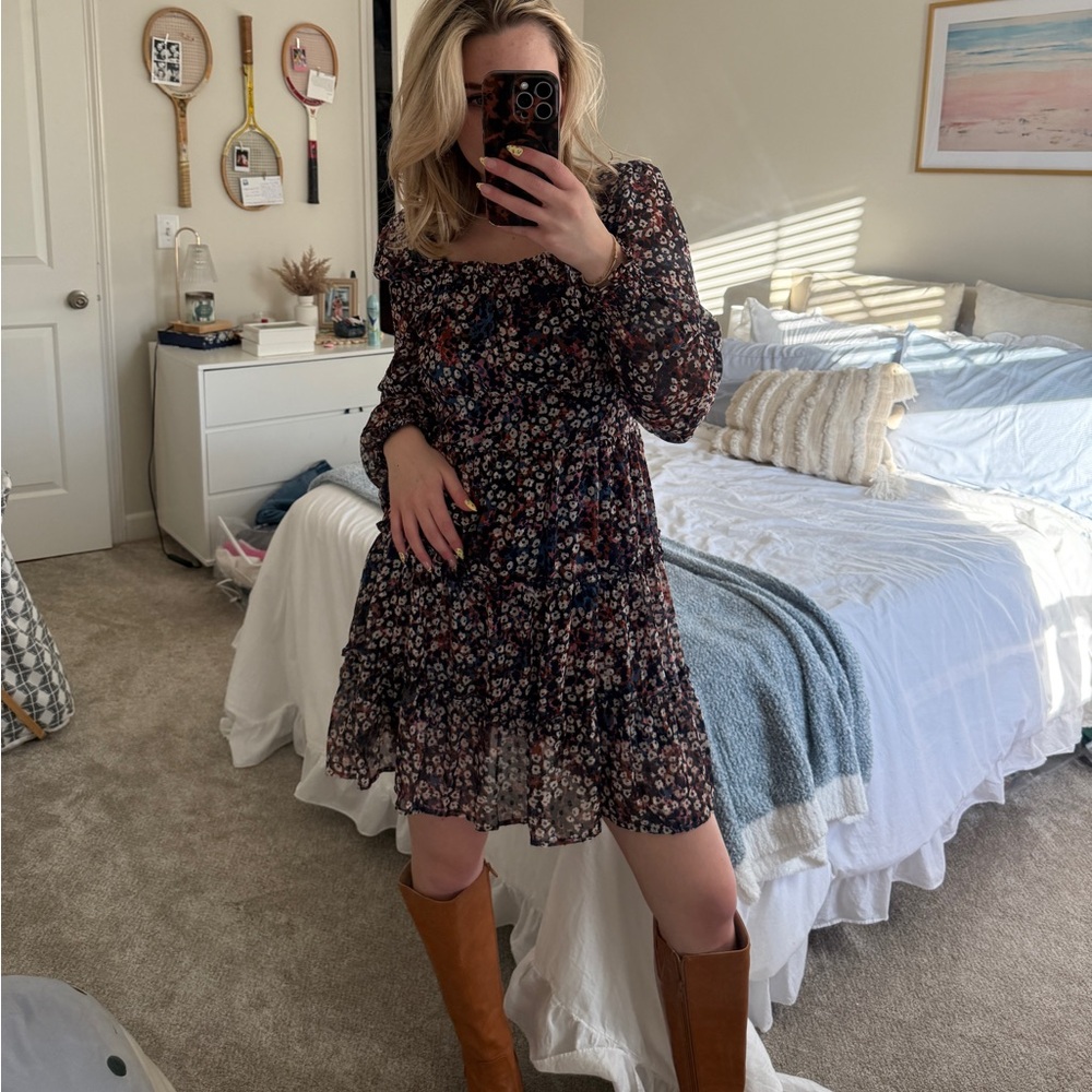 Floral, Swiss dotted, long sleeve dress